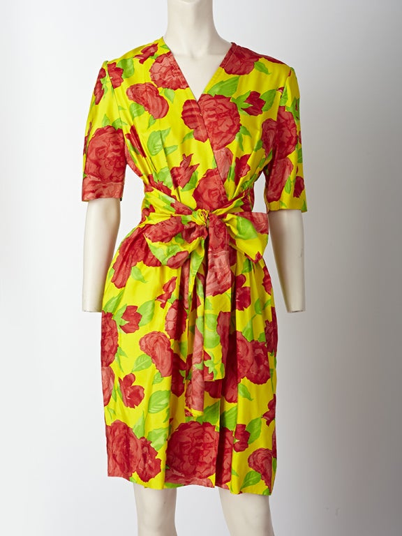 Celine, 1980's yellow and red floral print, silk, wrap style day dress with big sash that ties into a bow.