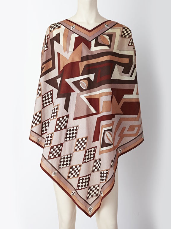 Pucci, geometric print, cotton, poncho in shades of browns, beige, mocha and white.