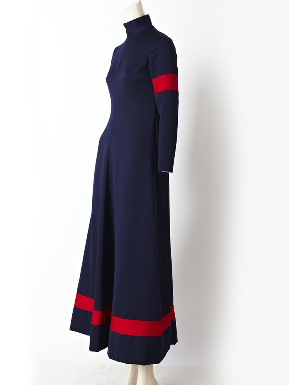 Geoffrey Beene, navy and red, jersey, A line, fitted dress with a  turtle neck, inspired by football jersey's.