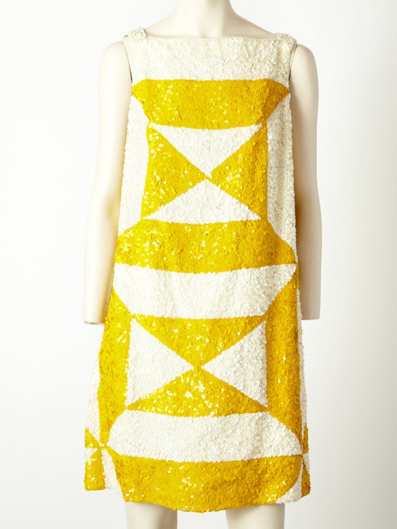 Bob Bugnand, yellow and white, mod style, geometric pattern, sequined, bateau neckline, shift, cocktail dress, C. 1960's.