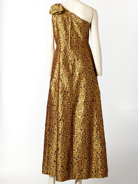 Bronze Tone Brocade One Shoulder Evening Dress 1