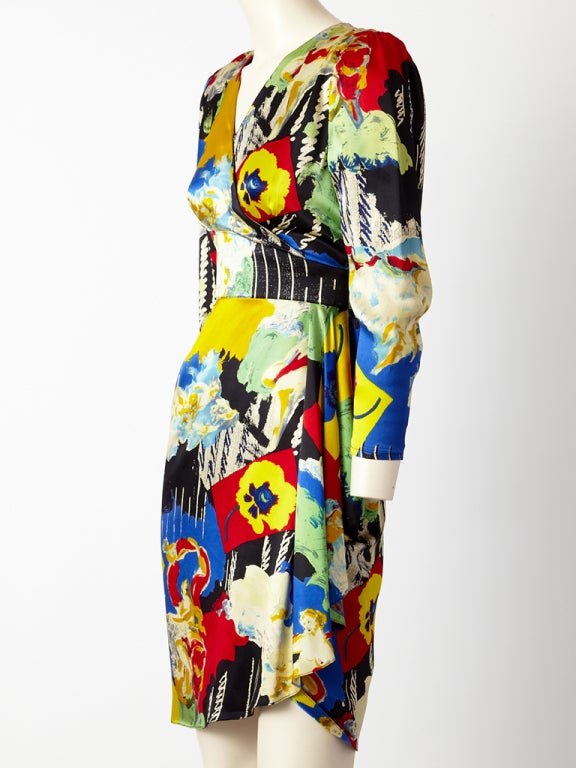 Ungaro, absrtact, patchwork, print silk dress with a v neckline and stitched down wrap bodice. Skirt has the signature, Ungaro bias cut panel. Small pads at the shoulders. C. !980's.