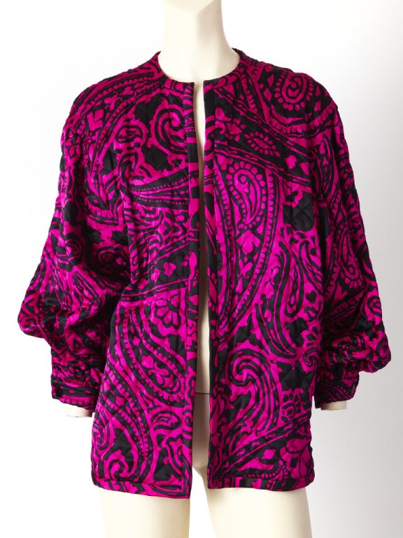 Valentino, fuchsia and black, abstract paisley pattern, satin, quilted evening jacket with deep dolman sleeves detail.