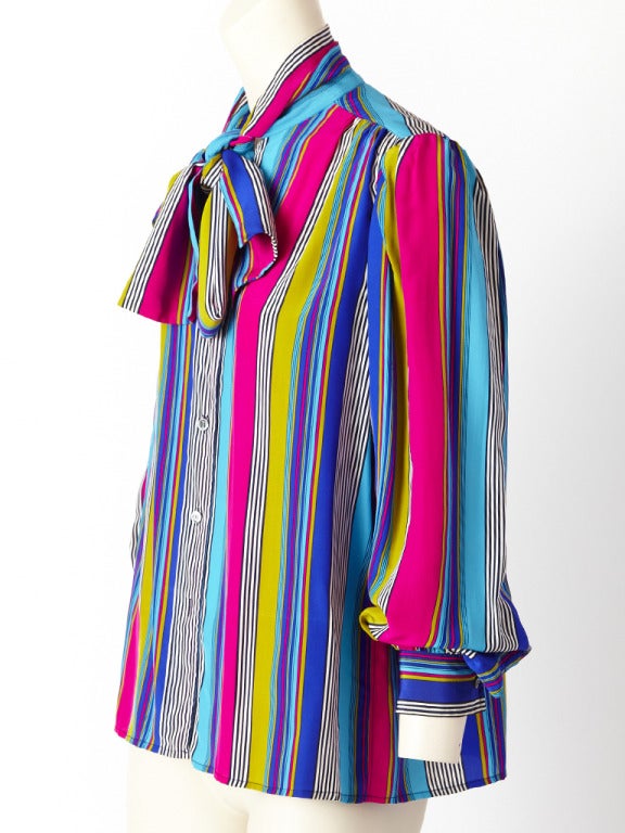 YSL, silk, stripe blouse with neck tie in a bright shades of hot pink, turquoise, royal blue and mustard.
