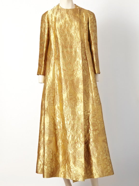 Sarmi, gold and red  metalic brocade, long evening coat with a back yoke.