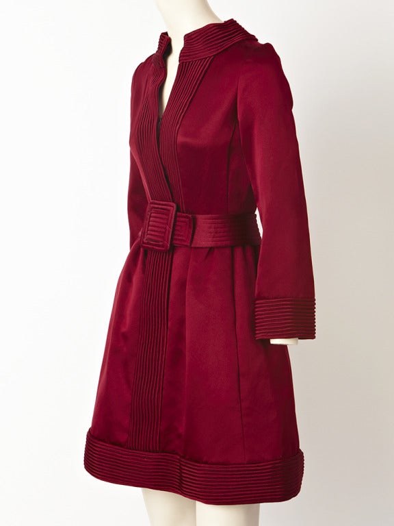 Donald Brooks, burgundy, belted, duchess satin, fitted, sculpted, silhouette, coat dress  with vertical 