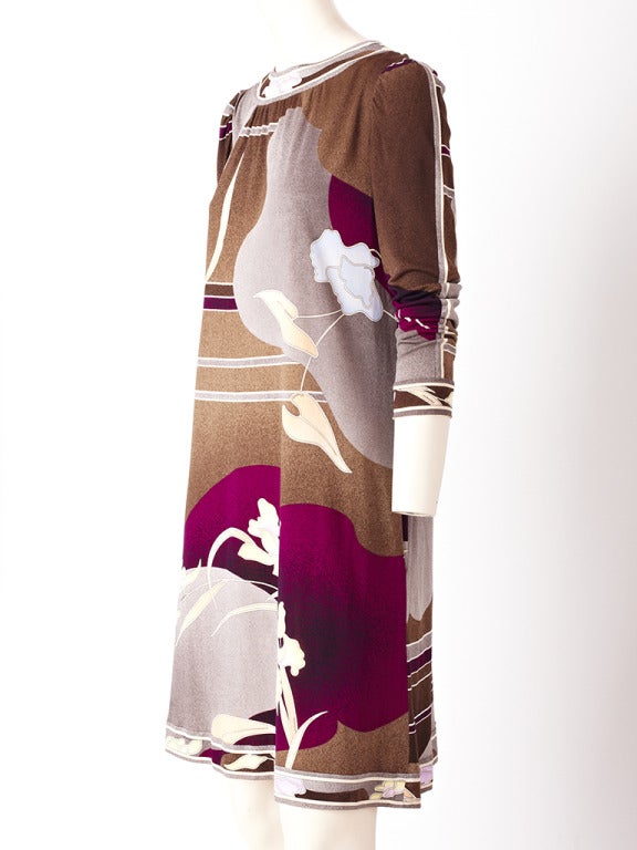 Leonard of Paris, floral print, silk knit, long sleeved shift dress in subtle tones of soft gray, brown, nude, ivory,and touches of lavender.