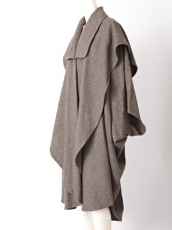 Ronaldus Shamask, mocha, heather,  wool, layered Cape like coat with wide sleeves.