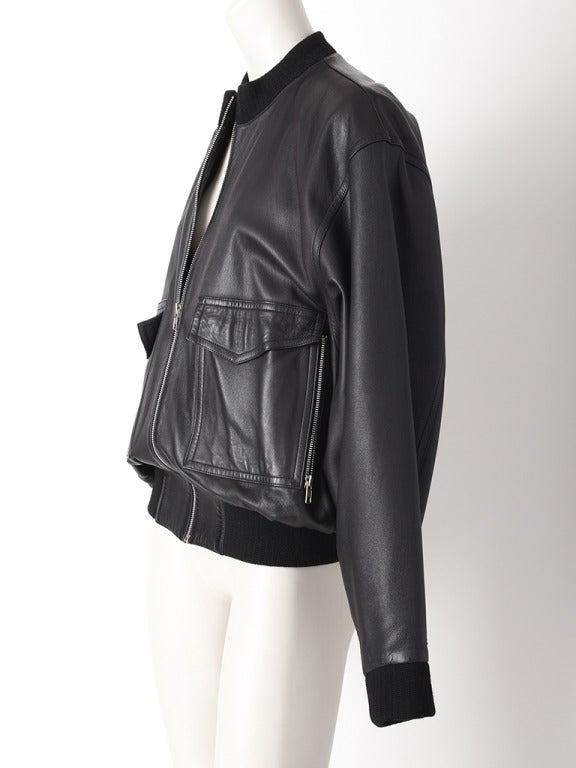 Alaia, soft supple leather men's bomber jacket. Knit collar, cuffs and wiastband, zippers down the front with deep large breast pockets. Very few of this jacket were made in the 1980's.
