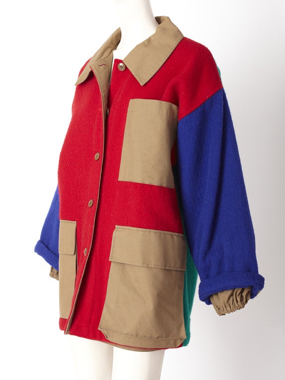 Catelbajac wool and cotton color block jacket with khaki pockets and collar. Khaki cotton poplin lining.