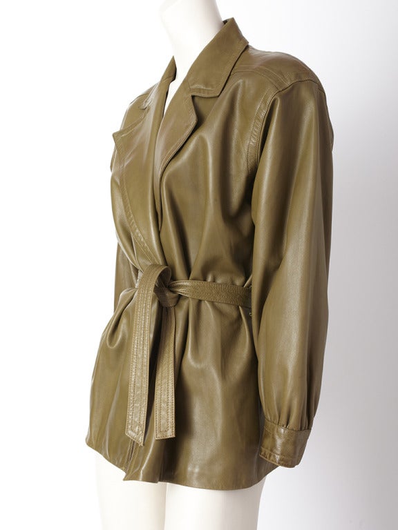 YSL, olive green, belted leather jacket, with notched collar and full cuffed sleeve.