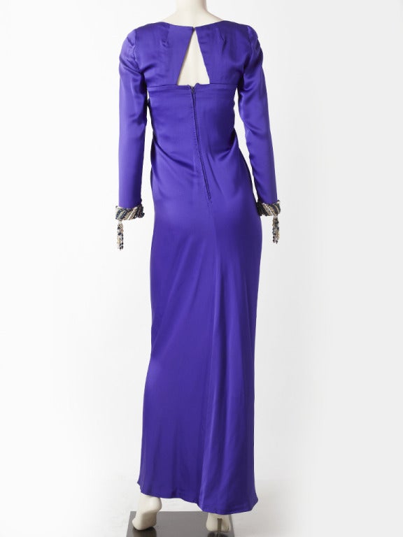 Purple Carolyne Roehm Rhinstone Embellished Satin Evening Gown