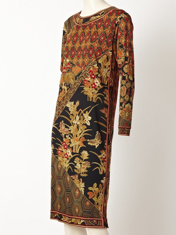 Leonard , multi toned, silk knit, long sleeved sheath dress with an Asian inspired print.
