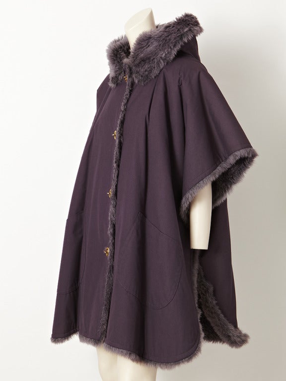Bonnie Cashin dusty plum toned canvas hooded cape with heather plush lining. signature 