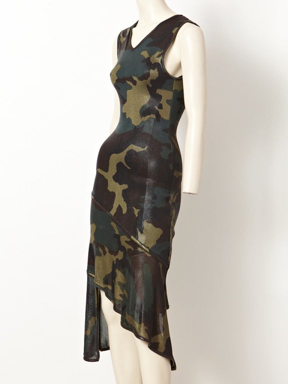 John Galliano for Dior. viscose knit,bias cut, dress with asymmetric hemline and camouflage pattern in shades of olive.