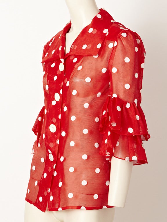 YSL, red and white polka dot, Flamenco inspires blouse, made of a silk  gazer
with tired ruffle sleeve detail.