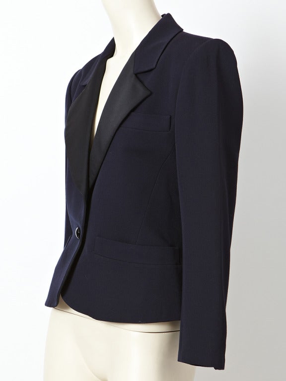 YSL, midnight blue, fitted tuxedo jacket with satin lapels. One button closure with hip pocket detail.