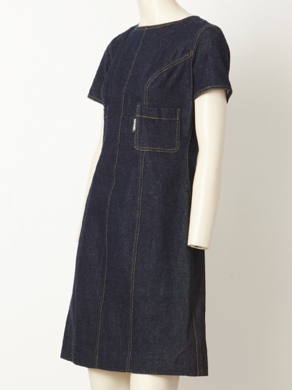 Chanel, dark blue, Jeans dress. Short sleeve, with jewel neck , fitted bodice, and A line shape. Orange 