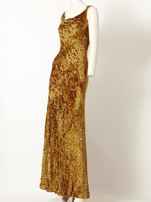 Oscar de la Renta, cut velvet, bias cut gown with a draped neckline. Rich tones of ochre and rust.