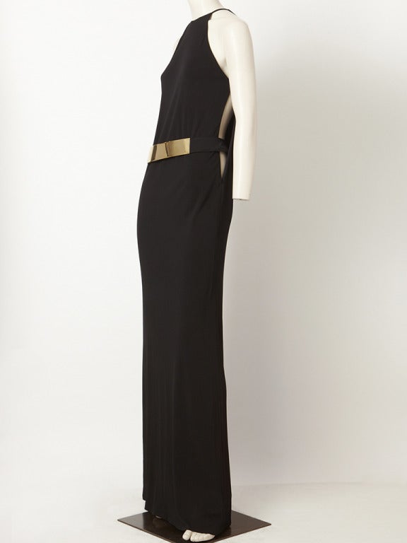 Tom Ford for Gucci, black,jersey, halter sleeve, iconic gown with godl metal belt.
