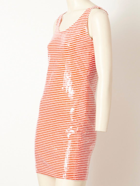 Ronaldus Shamask, coral and white horizontal stripe, fitted tank dress embellished in clear sequins.