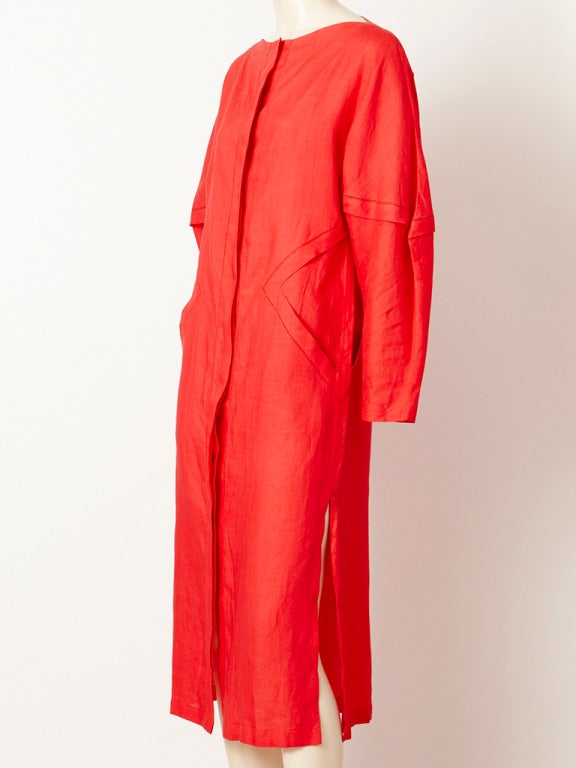 Ronaldus Shamask, coral/red, linen button down day dress with seam fagoting 
detail.