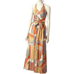 Retro C.Capriotti Silk Art Nouveau Print Halter Ensemble