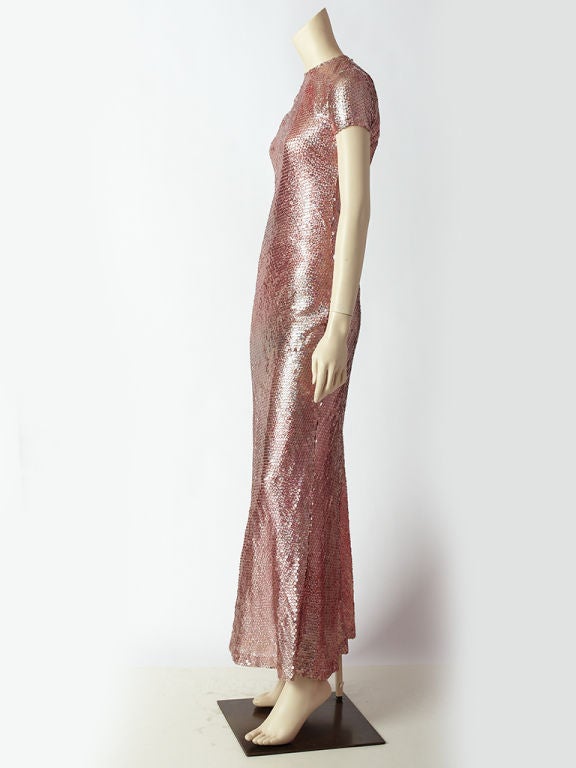 Bill Blass, irridescent pink,  long slightly A line,  sequined, 