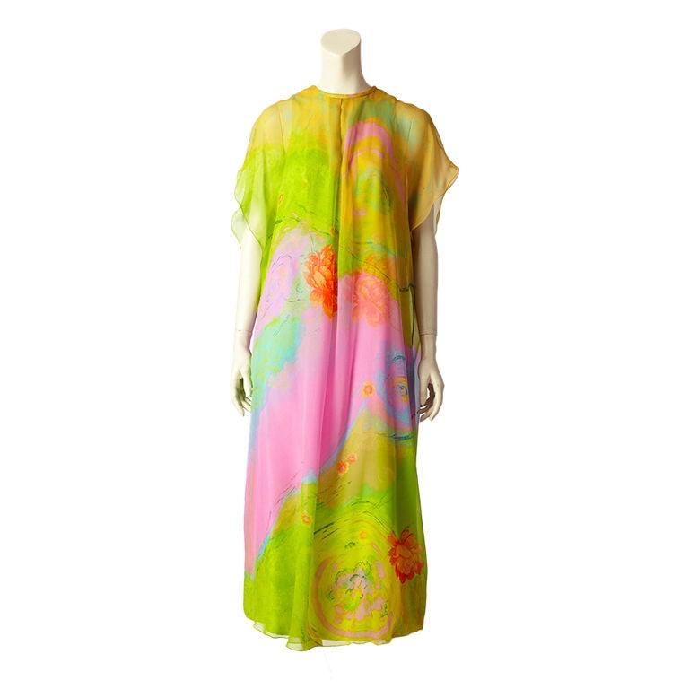 Hanae Mori Painterly Print Chiffon Caftan