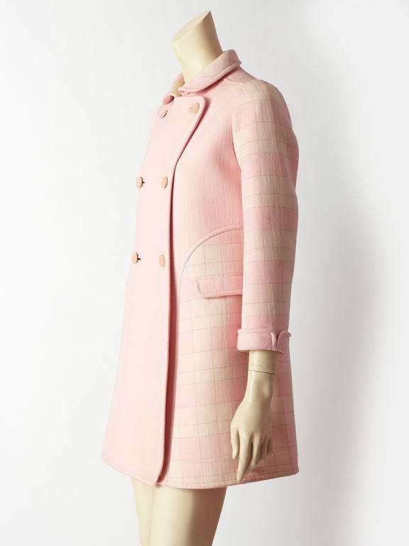 Courreges double face wool coat in a pale shade of pink with contrasting subtle plaid sleeves, collar and side panels.