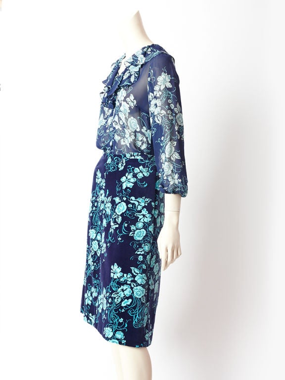 Emilio Pucci 2 piece ensemble, consisting of a chiffon ruffle neck blouse and velvet a line skirt in tones of turquoise, navy, and various shades of blue.
