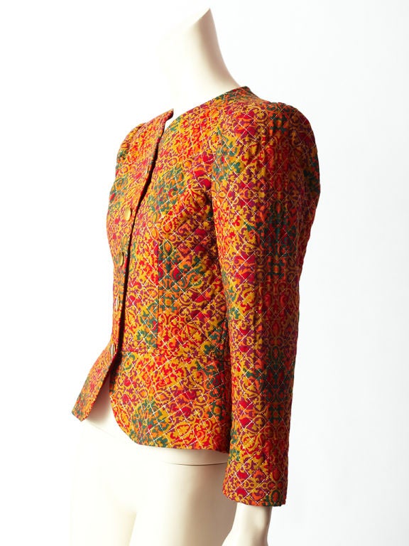 Yves St. Laurent opulent printed, jewel tone,  jacket with peplum and gold lurex quilting.