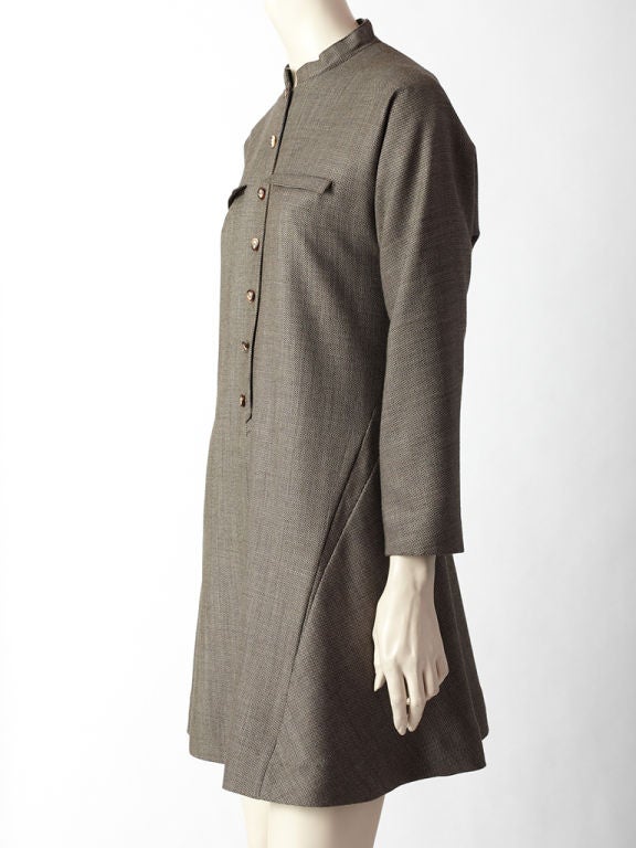 Geoffrey Beene menswear brown and white wool tweed tent shape day dress. Details include Mandarin collar and geometric seaming.