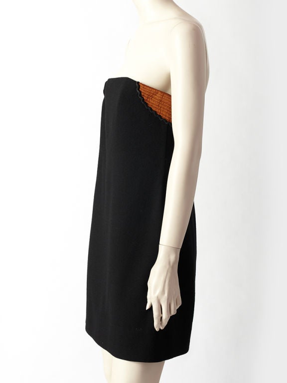 Geoffrey Beene wool crepe strapless cocktail dress with a ribbed <br />
silk copper detail 