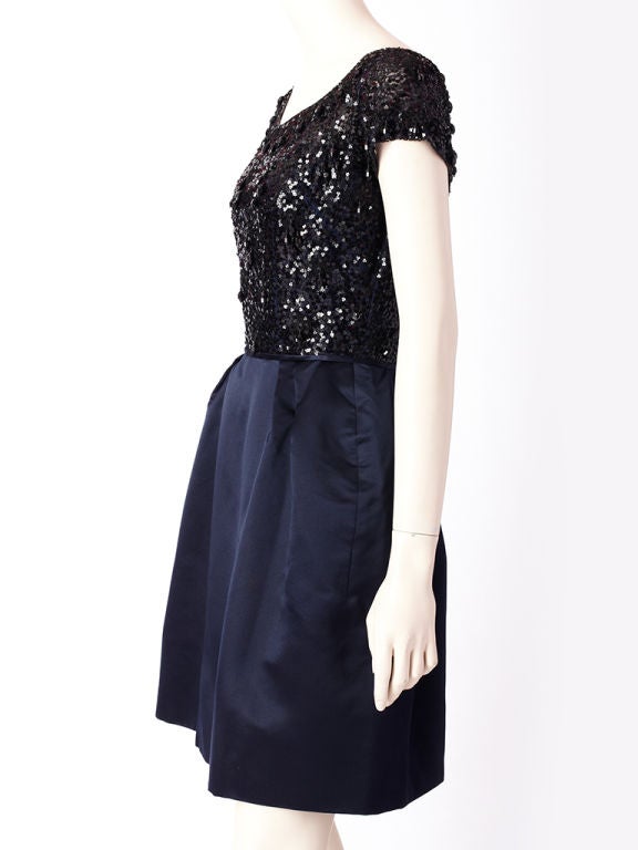 Countess Alexander cocktail dress with a black jet beaded bodice and midnignt blue satin skirt.