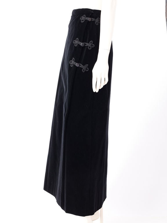 YSL long velvet wrap style evening skirt with passemnterie closures.