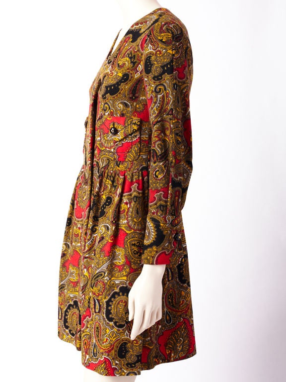 Galonos wool challis, paisley, patterned shirt dress with matching stole.  Dress has a 