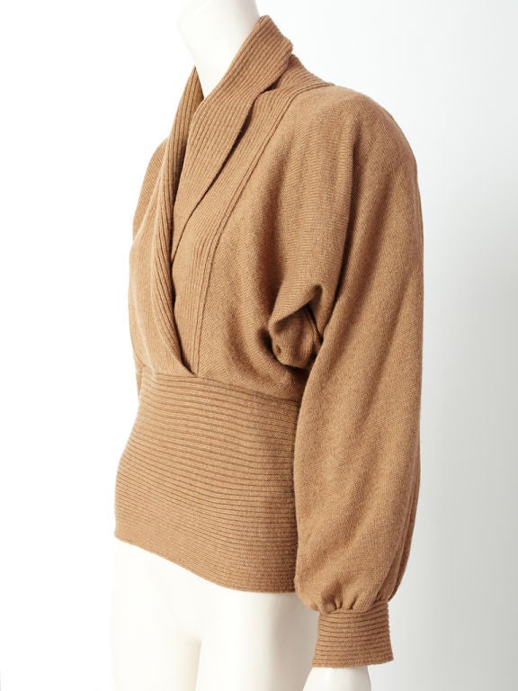 Gianfranco Ferre, vicuna tone, dolman sleeve sweater with a shawl collar and built in chocolate brown chiffon camisole.