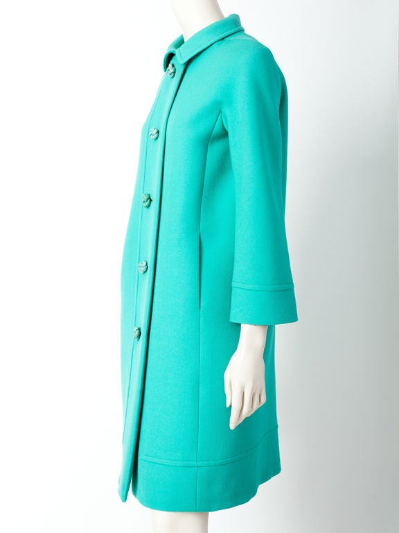 Philippe Venet deep aqua,green - blue, toned straight line, wool coat with peter pan collar and large knotted leather buttons.