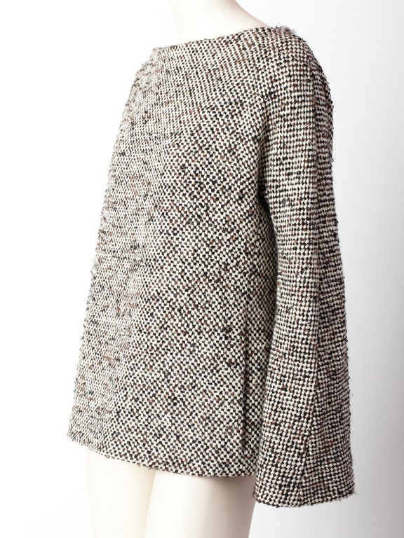 YSl brown and white tweed boat neck wool tunic with bell sleeves.