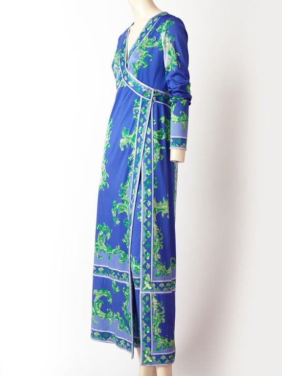 Pucci,Jersey, lavender, blue and green, V neck, empire waist, wrap, pant dress..