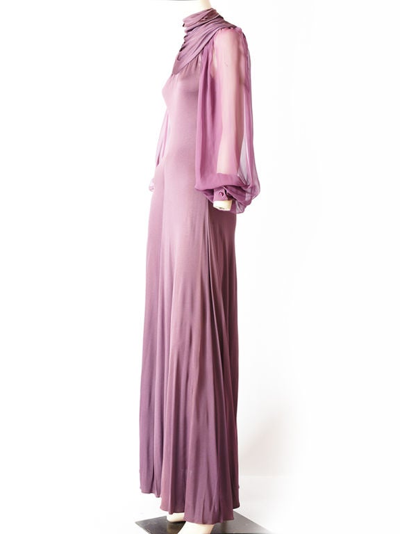 Scott Barrie muted purple, matte jersey, gown with draped neckline<br />
and sheer chiffon full sleeves.