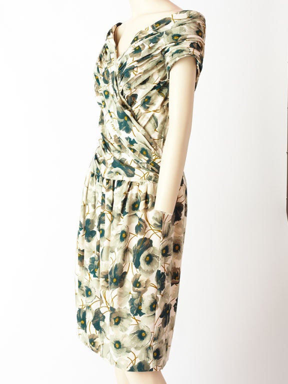 Victor Edelstein, floral print, dropped waist, silk dress with draped fitted boned bodice.