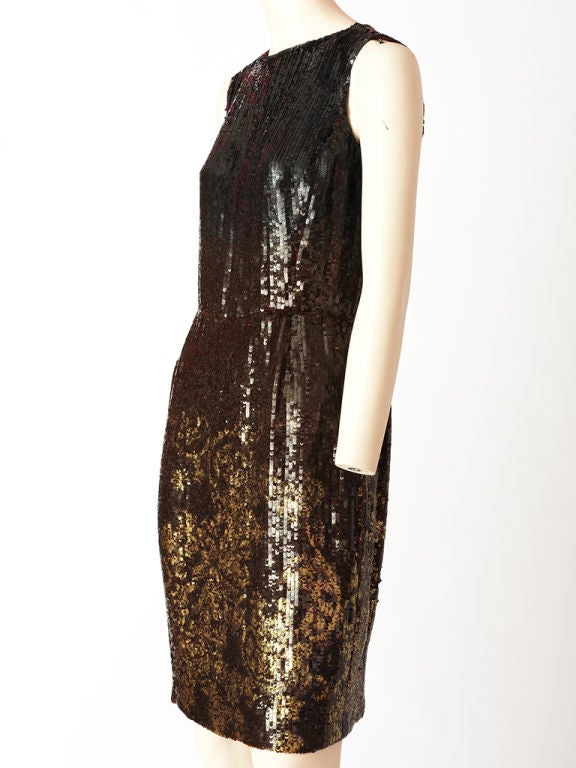 Oscar de la Renta chocolate brown sleeveless 20's chemise style sequined cocktail dress with gold sequined pattern detail on the skirt of the dress.