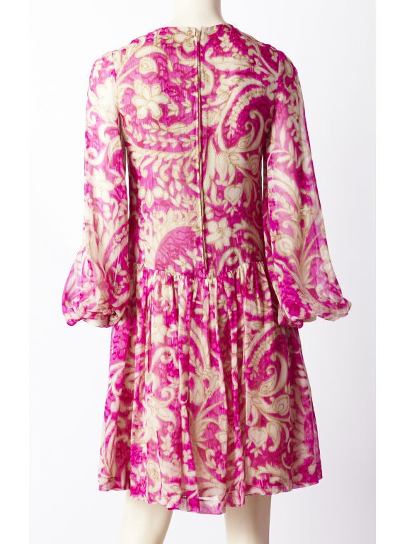 Fuchsia Print Dropped Waist Chiffon Day Dress at 1stdibs
