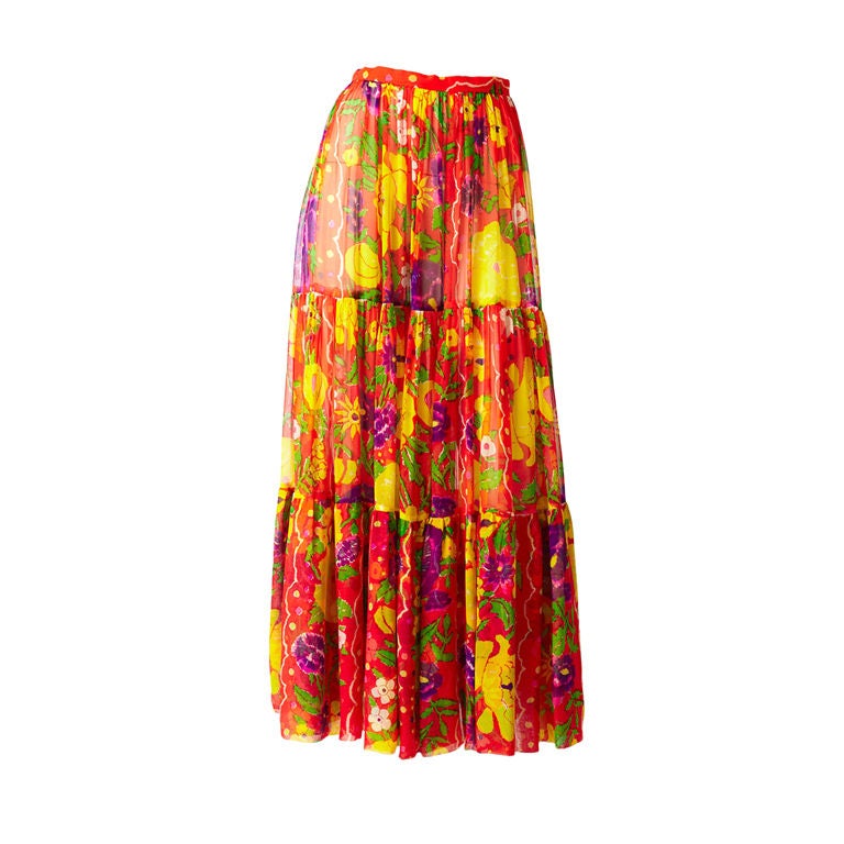 Adolfo Floral Print Tiered Chiffon Skirt at 1stDibs