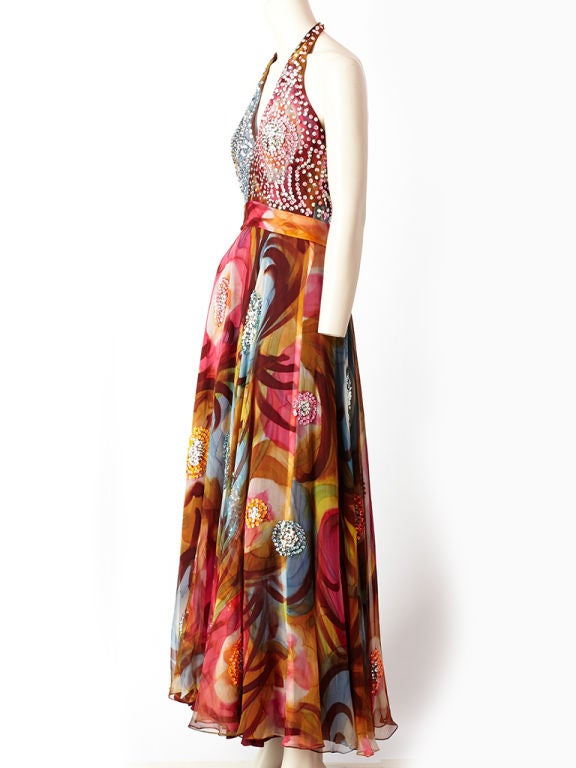 Painted Chiffon Jeweled Halter Dress