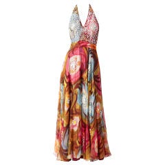 Painted Chiffon Jeweled Halter Dress