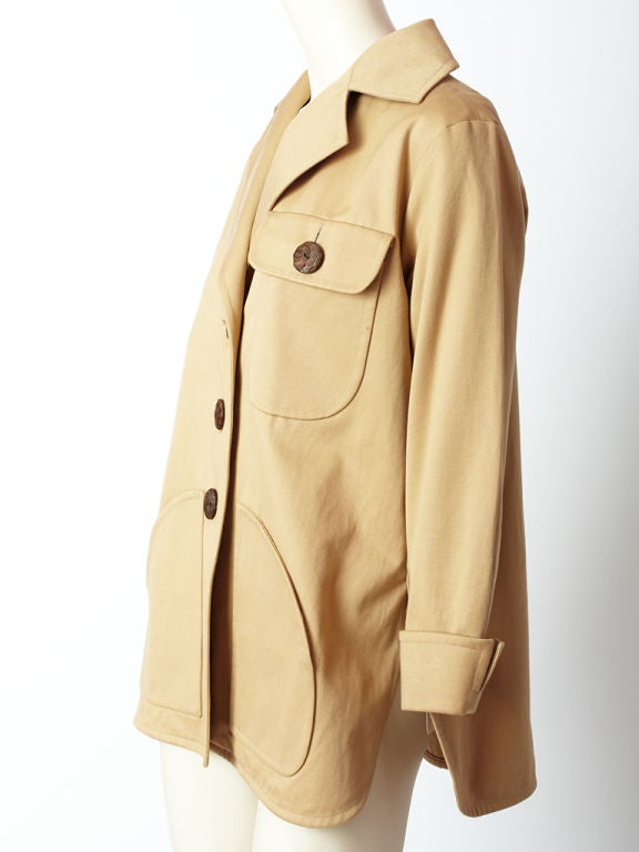 YSl khaki, safari inspired, box shape jacket, with notched lapel collar, breast, flap pocket and large,