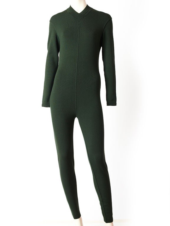 Alaia wool knit bottle green cat suit with zipper back.